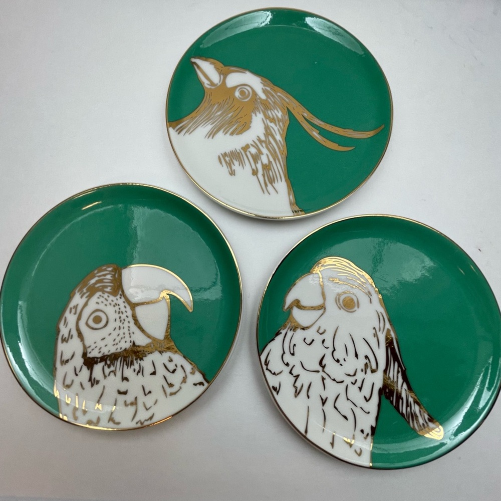 3 Jonathan Adler Aviaria Coasters Porcelain Bird Aqua and Gold- Rare